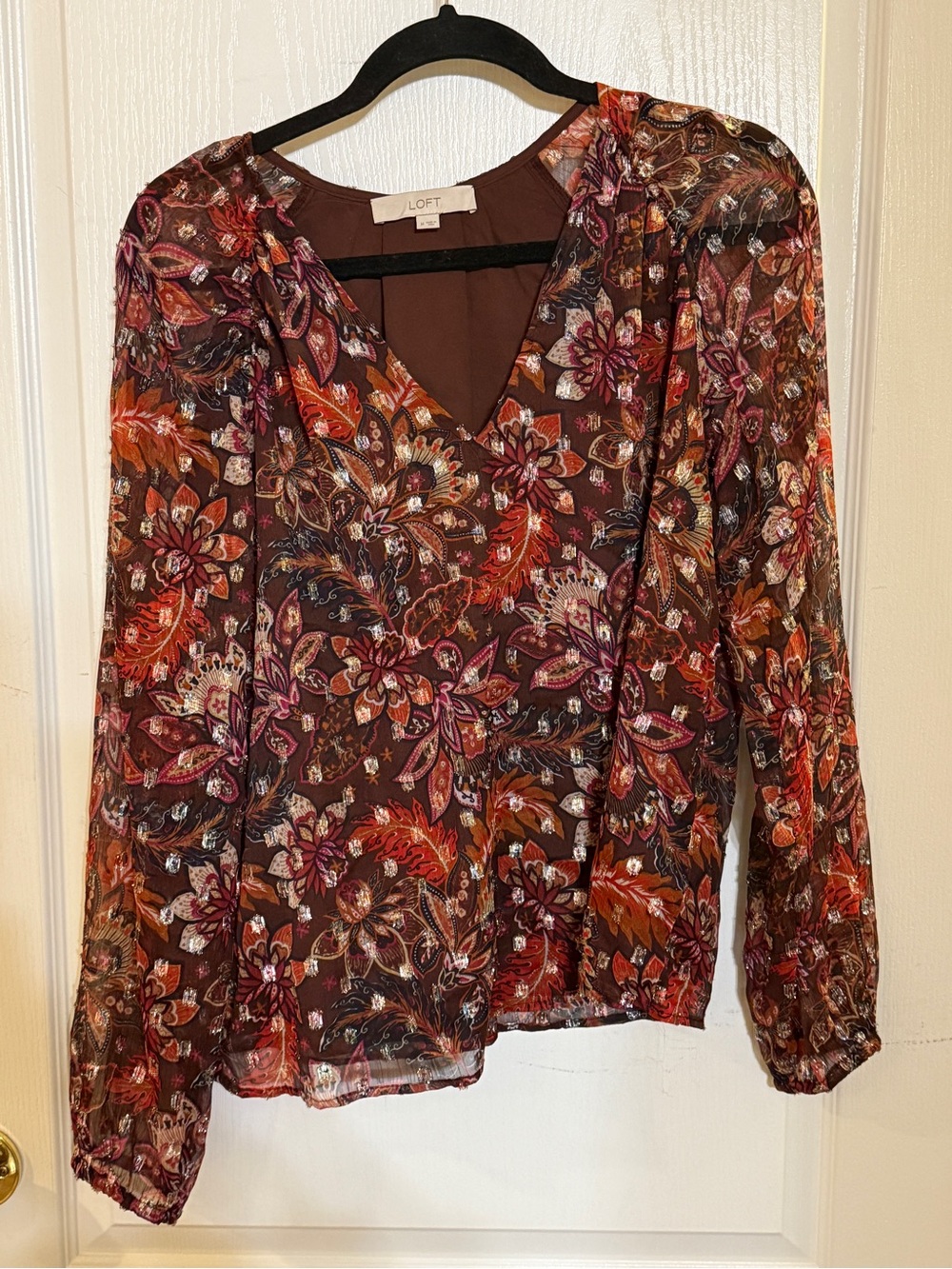 LOFT Brown Floral V-Neck Sheer Long-Sleeve Blouse with Pink & Orange Accents